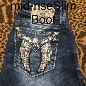 Miss Me Jeans, size 25 x 34, Mid-Rise, Slim boot, color Blue